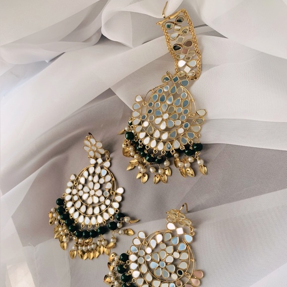 Jewelry Set Earrings Tika Headpiece Indian Bollywood Mirror Work Kundan Bead - Picture 3 of 8